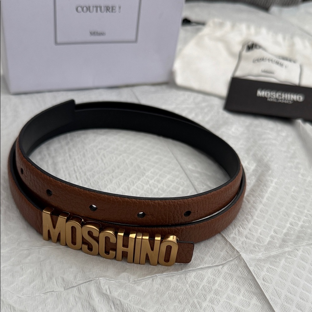 Moschino Brown Leather Belt with Gold Logo - Picture 3 of 4
